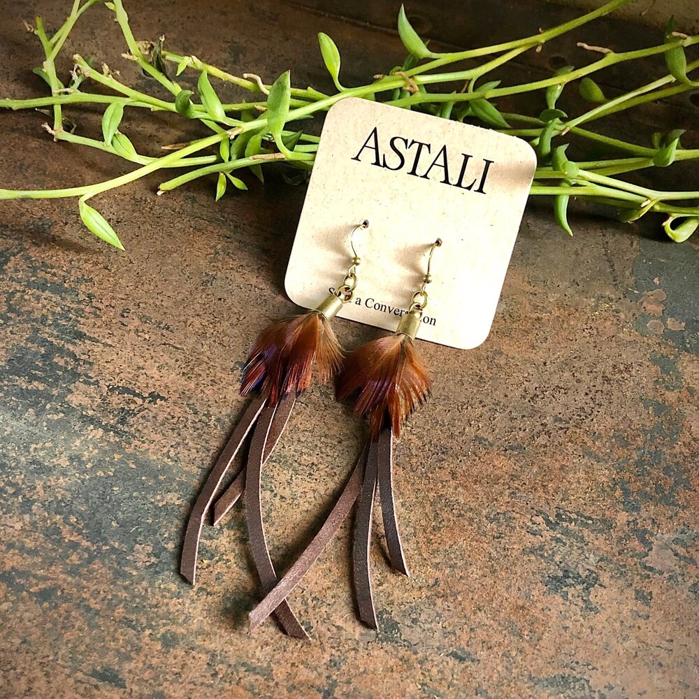 Leather & Feather Mini Earrings - Chocolate/Pheasant — Astali
